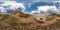Full seamless hdri panorama 360 degrees angle view near quarry flooded with water for sand extraction mining with awesome clouds