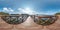 Full seamless hdri spherical panorama 360 degrees angle view on wooden pedestrian bridge of wide lake in sunny day. 360 panorama