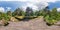 Full seamless panorama 360 by 180 angle view ruined abandoned military fortress of the First World War in forest in