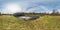 Full seamless panorama 360 angle view dam lock sluice on the lake impetuous waterfall in sunny day. Skybox as background in