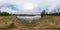 Full seamless panorama 360 angle view at the high cliff of the broad river bank in sunny day. Skybox as background in