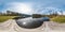 Full seamless panorama 360 angle view with white steamer on boat station on lake in sunny day. Skybox as background in