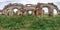 full seamless spherical hdri 360 panorama inside ruined church with brick wall without roof in equirectangular projection with