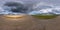 Full seamless spherical hdri 360 panorama on old no traffic asphalt road among fields before storm in equirectangular projection,