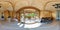 full seamless spherical hdri 360 panorama view in interior empty hall veranda in wooden village vacation home with sofa, kitchen