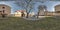 Full seamless spherical hdri panorama 360 degrees angle near old houses in narrow courtyard or backyard of city bystreet in