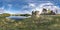 Full seamless spherical hdri panorama 360 degrees angle view on grass coast of huge lake or river in summer day with beautiful