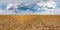 Full seamless spherical hdri panorama 360 degrees angle view among harvested rye and wheat fields with Hay bales in summer day