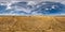 Full seamless spherical hdri panorama 360 degrees angle view among harvested rye and wheat fields with Hay bales in summer day