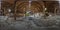 Full seamless spherical hdri panorama 360 degrees angle view inside abandoned ruined wooden decaying hangar with rotting columns