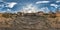 Full seamless spherical hdri panorama 360 degrees angle view inside stone abandoned ruined farm building in equirectangular