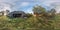 Full seamless spherical hdri panorama 360 degrees angle view near abandoned overgrown barn and wooden house with bushes in village