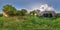 Full seamless spherical hdri panorama 360 degrees angle view near abandoned overgrown with bushes wooden house in village in