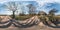 Full seamless spherical hdri panorama 360 degrees angle view near abandoned wooden house in village near huge oak in