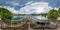 Full seamless spherical hdri panorama 360 degrees angle view near the metal dam with waterfall of wide lake in sunny day in