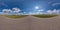 Full seamless spherical hdri panorama 360 degrees angle view on no traffic asphalt road among field in sunny day and blue sky with