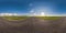 Full seamless spherical hdri panorama 360 degrees angle view on no traffic asphalt road among field in sunny evening and clear