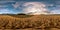 Full seamless spherical hdri panorama 360 degrees angle view among oats fields in summer evening sunset with beautiful clouds in