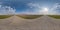 Full seamless spherical hdri panorama 360 degrees angle view on old no traffic asphalt road among fields in equirectangular