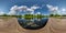 Full seamless spherical hdri panorama 360 degrees angle view on wooden pier of lake or river in morning or sunset with beautiful