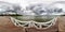 Full seamless spherical hdri panorama 360 degrees  angle view on wooden pier for ships on huge lake in gray rain sky in