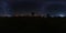 Full seamless spherical night panorama 360 degrees angle view on high visibility mountain next to old wooden fire tower and milk