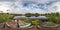 Full seamless spherical panorama 360 by 180 angle view on shore with garbage of small lake in sunny summer evening with awesome