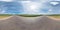 Full seamless spherical panorama 360 by 180 degrees angle view on the asphalt road among fields in sunny summer day with halo in