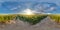 Full seamless spherical panorama 360 by 180 degrees angle view on gravel road among sunflowers fields in sunny summer evening in