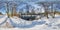 Full seamless spherical panorama 360 by 180 degrees angle view near a narrow fast river in a winter sunny evening in