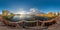 Full seamless spherical panorama 360 degrees angle view golden autumn near the dam of wide lake in sunny day. 360 panorama in