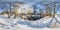 Full seamless spherical panorama 360  degrees angle view near narrow fast river in a winter sunny evening. 360 panorama in