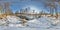 Full seamless spherical panorama 360  degrees angle view near narrow fast river in a winter sunny evening. 360 panorama in