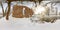 Full seamless spherical panorama 360  degrees angle view near ruined water mill narrow fast river in a winter sunny evening. 360