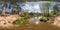 Full seamless spherical panorama 360 degrees angle view on shore of lake in pinery forest with beautiful clouds with sun