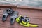 Full set of Scuba Diving equipment with selective focus on wooden pier