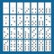 Full set of white dominoes with shadows on a blue background. Complete double-six set