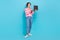 Full size body photo of young nice lady wear pink trendy jumper new jeans hold netbook conference worker isolated on