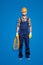 Full size fullbody portrait, snap of handsome strict electrician with bristle in overall, shirt, holding rolled cable in