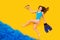 Full size high angle above flat lay view profile photo of beautiful lady seaside resort running into water hold mask