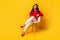 Full size photo of attractive business lady sit comfy chair serious person look side empty space wear red office shirt