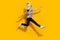 Full size photo of bizarre unusual guy zebra character jump up enjoy theme festival isolated over shine yellow color