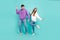 Full size photo of casual wear students girlfriend and boyfriend dancing in club isolated on blue color background