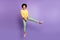 Full size photo of cheerful funny funky teen afro american girl jump have fun on autumn weekends spring free time wear