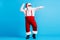 Full size photo of cool hipster santa claus with big belly dance x-mas christmas magic discotheque wear suspenders cap