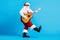 Full size photo of crazy cool santa claus with big belly beard play guitar x-mas christmas performance wear sunglass