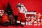 Full size photo of crazy santa claus hold boom box sing mic song isolated on red color background with x-mas christmas