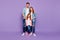 Full size photo of dad mom and little foxy lady posing for family portrait wear casual clothes isolated purple