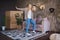Full size photo of funny blond hair lady sing dance wear brown jacket jeans at home alone