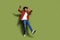 Full size photo of handsome young guy raise hands dancing cool wear trendy brown outfit isolated on khaki color